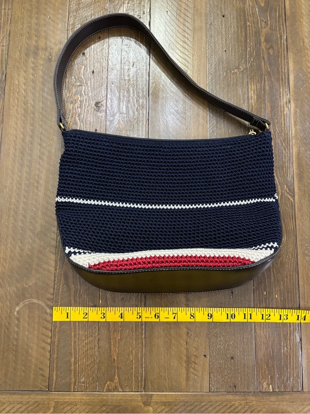 The Sak Navy Crochet Shoulder Bag with Red & Cream Stripes
